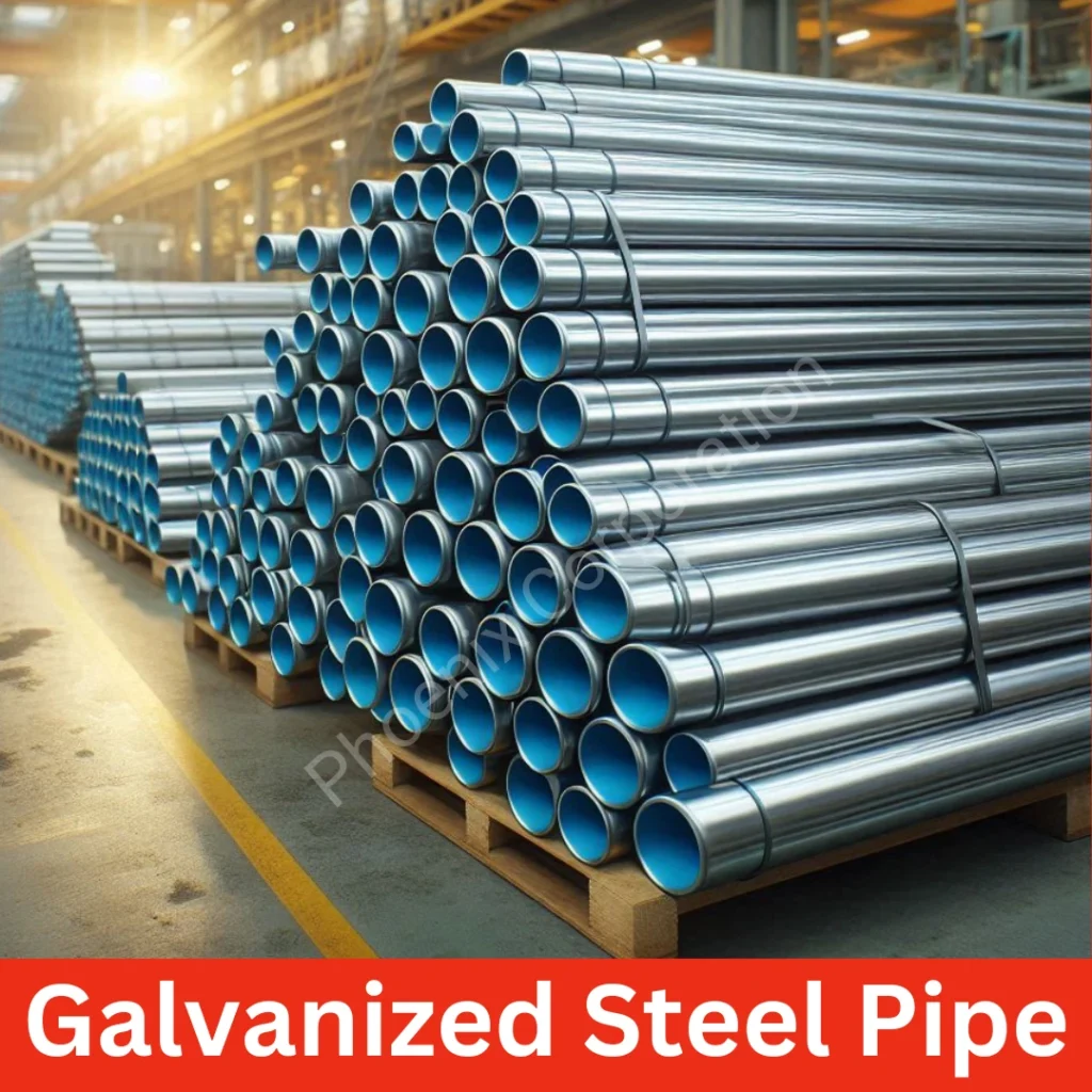 Galvanized steel pipes displayed for industrial and construction applications.