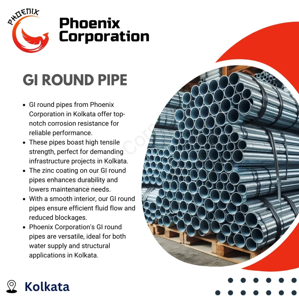 GI round pipe from Phoenix Corporation in Kolkata, featuring a corrosion-resistant zinc coating for durability.