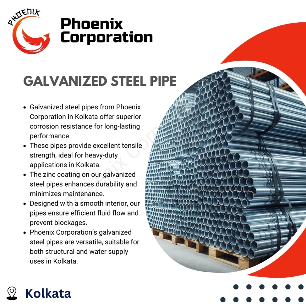 Galvanized steel pipe from Phoenix Corporation with a protective zinc coating for enhanced durability and rust resistance.