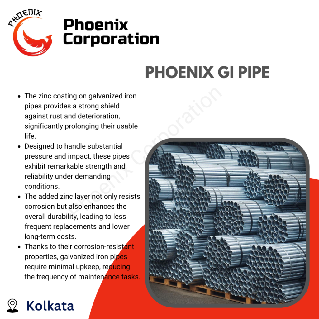 Phoenix GI pipe with a protective zinc coating, used for water supply and structural applications